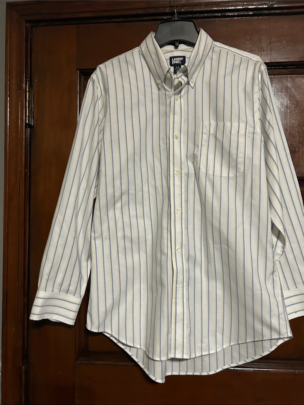 Lands' End Men's White Shirt with Blue Stripes